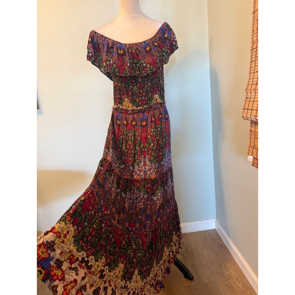 Lola P. Floral Boho Maxi Dress Off Shoulder whimsigoth Tiered vintage colorful M